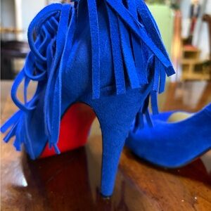 Christian Louboutin Blue Suede Tina Fringe Stiletto Heels